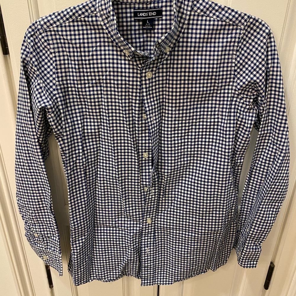 Lands' End Kids' Navy and White Gingham Button Down Shirt